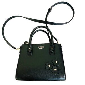 NEW GUESS Small Satchel Faux Saffiano Cross Body Black Pockets Liya Girlfriend